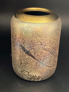 Decorative Irridescent Scavo Glass Vase w/ Brass Rim, 6" Tall - Picture 1 of 7
