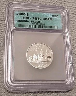 USA 25c~ Twenty Five Cents ~ Virginia, Silver Coin 2000-S~* PR70-DCAM By ICG - Image 1 of 4