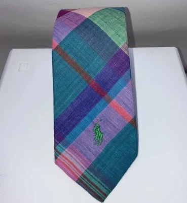 Polo Ralph Lauren 蓝色绿色紫色格子棉 3.5 英寸手工制作美国复古 — 第 1/4 张图片