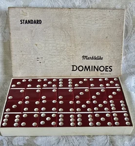 Vintage 1950s Marblelike Bakelite Cherry Red Dominoes Double Six 28 Piece Set - Picture 1 of 9