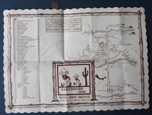 Años 50 Taos Nuevo México Sagebrush Inn Servicio Forestal de EE. UU. Mapa mantel prevención de incendios- - Imagen 1 de 1