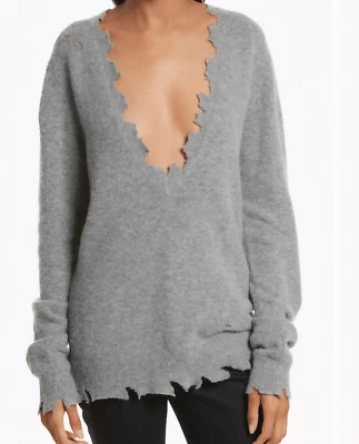 IRO Jeans Sweater Women's Medium Grey Brody Distressed V Neck Oversized Alpaca - Image 1 of 4