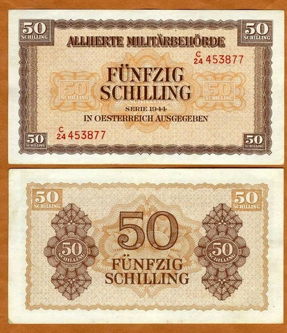 Austria, Allied Occupation, 50 shillings, 1944, P-109, WWII, aUNC Cover
