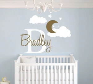 Custom Name & Initial Moon & Clouds - Nursery Wall Decal For Baby Girl/Boy Room - Picture 1 of 2