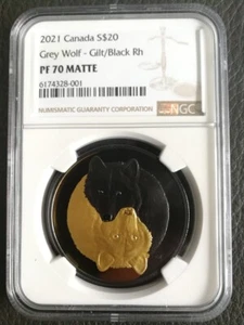 Moneda de plata lobo gris y negro gris oro NGC PF70 Canadá 2021 1 oz certificado de autenticidad - Imagen 1 de 3