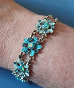 4 Blue Metal Flower Links, Chain & Rhinestones Bracelet. Boxed Gift Idea - Picture 1 of 19