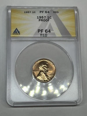1957 P 1C Philadelphia Mint Lincoln Wheat Proof Penny Grade ANACS PF64 RD - Image 1 of 4