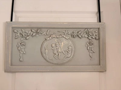 Panneau Bois Patine Bleu Blanc Plumeau Trumeau Ange Angelot Chérubin Rose Fleurs - Photo 1/4