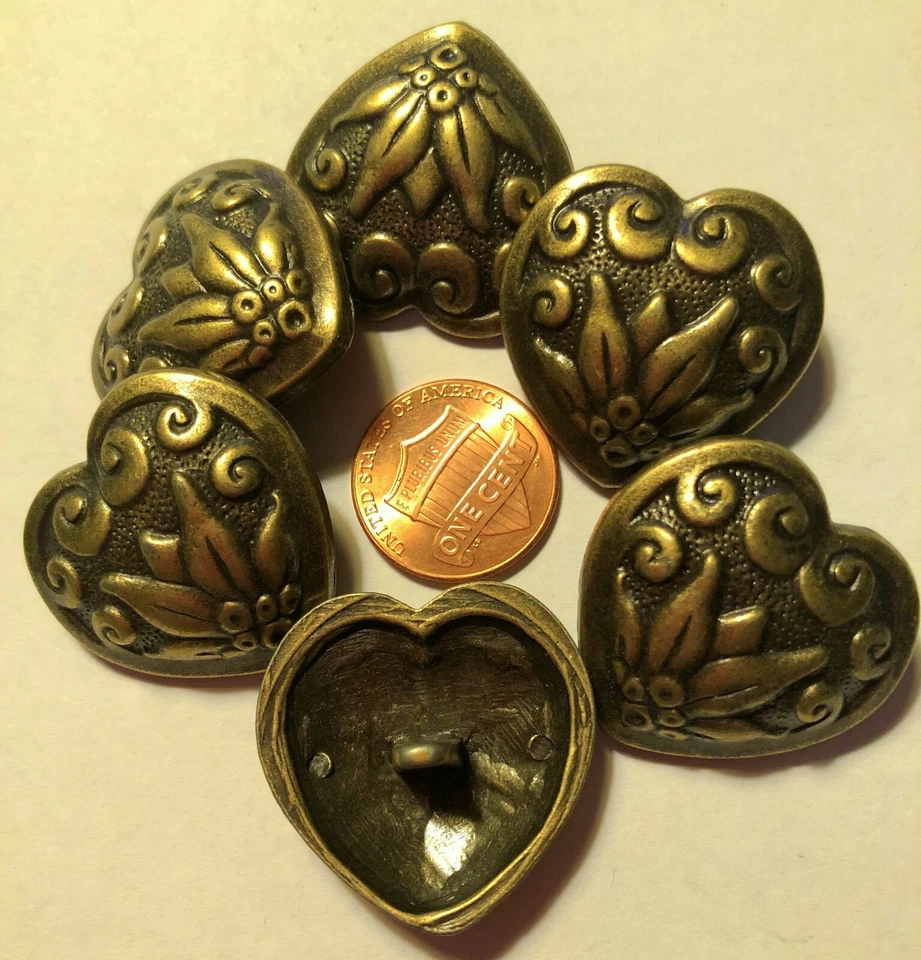 6 Large Domed Antiqued Brass Tone Metal Buttons Almost 1 1/8" 28mm Heart 9521 - Image 1 of 1