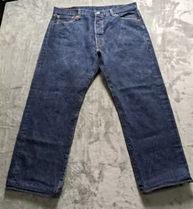 Levis 501 Jeans Mens 36x26 Blue Button Fly Dark Wash Straight Hemmed READ - Picture 1 of 13
