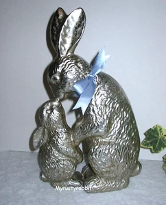 Silver Easter Bunny Figurine Resin Momma & Baby Rabbit with Blue Bow 12" T - Picture 1 of 5