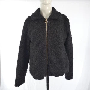 Teddy Bear Jacket Black Fuzzy Coat Vintage Love Front Zip Collared Y2K UK 10 S - Picture 1 of 9