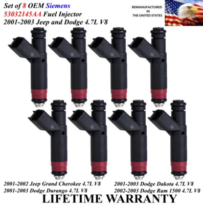 OEM Siemens Set Of 8 Genuine Fuel Injectors For 2001-2003 Jeep & Dodge 4.7L V8  - Image 1 of 2