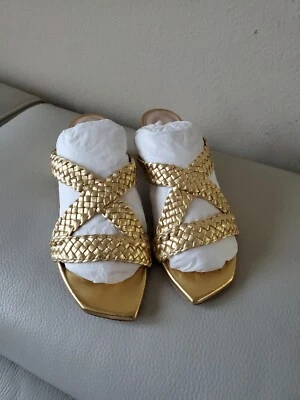 STUART WEITZMAN Womens Gold Rosie Toe Block Heel  Leather Slide Sandals 6B - Image 1 of 4