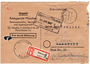 Alliierte Besetzung Dienst-R-Brief Frei durch Ablösung München Zurück 1947 - Bild 1 von 2