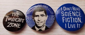 3 Vintage Twilight Zone Pins Buttons Rod Serling Fan Club Science Fiction - Picture 1 of 3