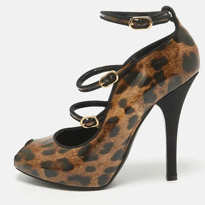 Dolce & Gabbana Brown/Black Leopard Print Patent Peep Toe Pumps Size 38.5 - Picture 1 of 9