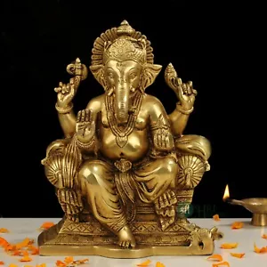 Brass Ganesha Statue 24 cm Brass Ganesh Sculpture Religious Home Temple Decor - Picture 1 of 7