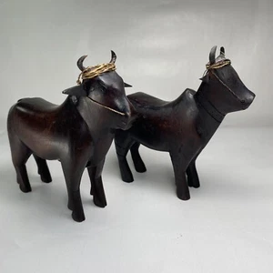 Folk Art Ironwood Oxen Cow Bull OX Figurine Hand Crafted Mixed Media Vintage - Picture 1 of 12