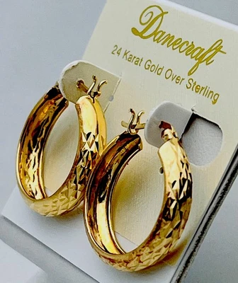 DaneCraft 24KT Gold Over 925 Sterling Silver Thick Diamond Cut Hoop Earrings - Image 1 of 4