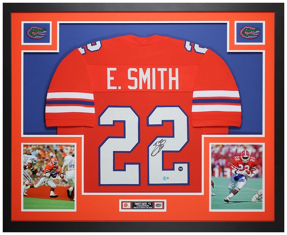 Camiseta deportiva Emmitt Smith autografiada y enmarcada naranja Florida auto Beckett certificado de autenticidad Foto 1 de 4