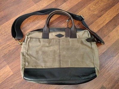 Bolso de trabajo vintage Fossil Wyatt de lona encerada y cuero en marrón. Foto 1 de 4