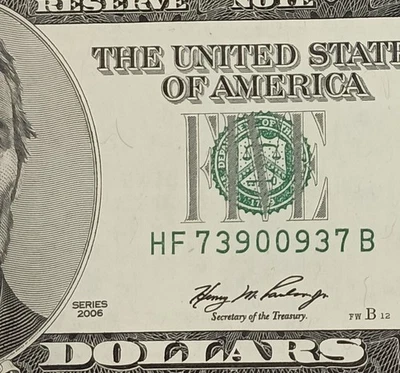 HF73900937B $5 RADAR Fancy Serial Number Five Dollar Bill 2006 Note CU - Image 1 of 3