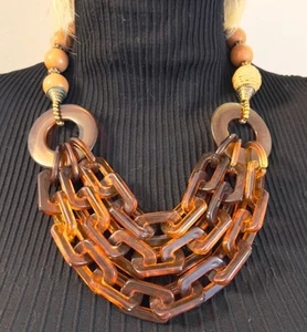 "Collar babero de 24"" tonos marrones metal resina rafia trozo acrílico eslabones grandes" - Imagen 1 de 6