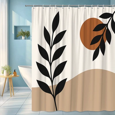 Cortina de ducha moderna negra y tostada con diseño de hojas Foto 1 de 4