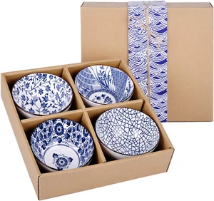 Set of 4 Japanese Style Ceramic Rice Bowl with Gift Box,Blue and White Pattern B - Picture 1 of 7