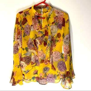 Belle Sky Sz M Women’s Mustard Fall Chrysanthemum Floral Semi Sheer Blouse NWT - Picture 1 of 8