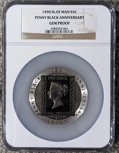 1990 Isle of Man Silver 5 Crown Penny Black GEM Proof NGC - SKU# 3783752-041 - Picture 1 of 6