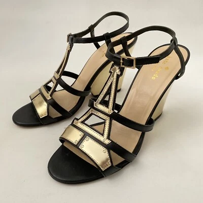 Босоножки Kate Spade на танкетке 8 B черные золотистые с открытым носком ремешком на лодыжке на каблуке - Изображение 1 из 4