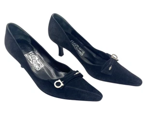 Salvatore Ferragamo Women's Black Suede Kitten Heel Pumps Silver Pin Size 7.5 - Picture 1 of 16