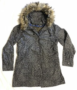 NEW GAP Jacket Coat Black Gray Animal Print NWT Faux Fur Long Large Petite Parka - Picture 1 of 7