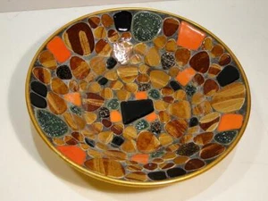 Vintage Mid-Century Modern Mosaic Bowl Brown River Stones 10" x 2" - Picture 1 of 3