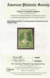 New Zealand Scott #15 with APS Certificate, genuine - Picture 1 of 1