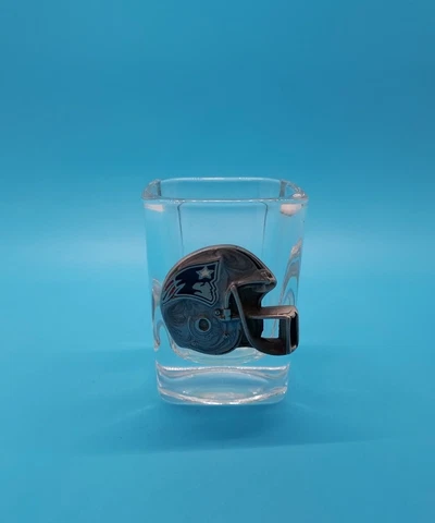 NEW ENGLAND PATRIOTS SHOT GLASS • Square With Pewter Enamled Helmet Flying Elvis Cover