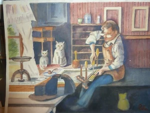 Pintura Gouache Original de Albert Pels "Framemaker & Felines" - Imagen 1 de 15
