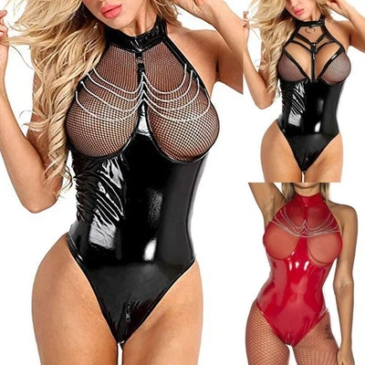 Sexy Women PVC Leather WET LOOK Crotchless Bodysuit SM Cosplay Lingerie Outfit - Image 1 of 4