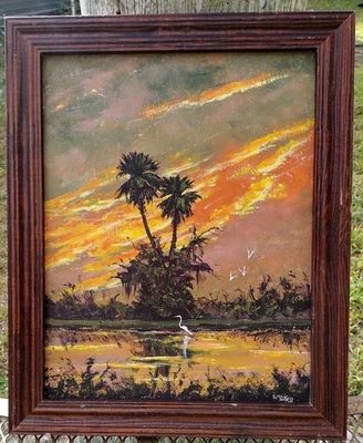 Tropical Florida Sunset Landscape Painting by Artist Stan Prather Framed 14 x 11 - Image 1 of 2