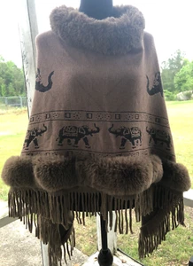Brown Sweater Poncho with Faux Fur Trim-Elephant print - Picture 1 of 5