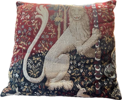 Vintage J Pansu Pillow Tapestry Medieval Lion & Rabbits 16" Needlepoint France - Image 1 of 4