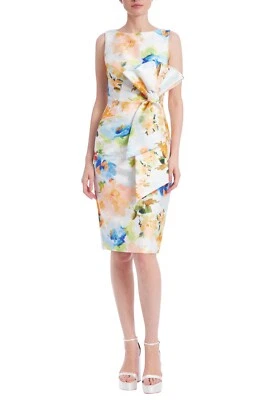 Vestido Vaina Floral Badgley Mischka Lazo Frontal Talla 4 Mikado $650 Día-Cena Modesto Foto 1 de 3