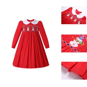 Toddler Girls Winter Long Sleeves Dress Red Smocked Dress with Peter Pan Collar - Picture 1 of 12
