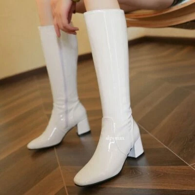 Botas hasta la rodilla de charol brillante para mujer Botines de fiesta con cremallera Foto 1 de 4