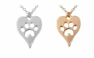 Paw Print Heart Necklace Silver Plated or Gold Plated Pet Lover Gift 18" Chain - Picture 1 of 11