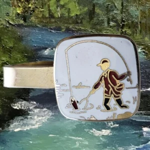 Vintage Tie Bar Clip Man River Fishing White & Red Enameled Gold Tone Metal - Picture 1 of 3