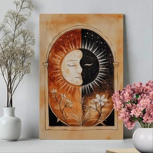 Sun and Moon Mystical Folk Art Illustration Poster, Floral Botanical Art - Picture 1 of 5