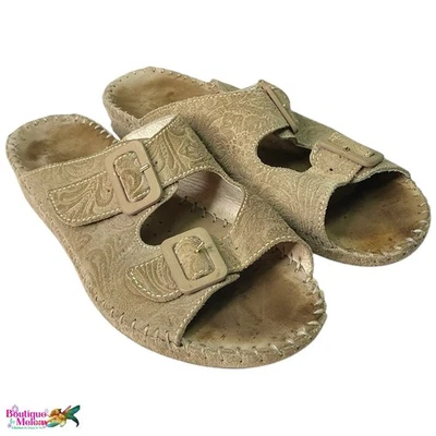 La Plume Sandals Adjustable Tooled Suede Wedge Flat Slides Shoes Sz 9 Eur 40 - Image 1 of 4